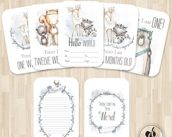 Baby Milestone Cards | 40 Milestone and Moments Cards | Photo Props | Boy Milestone cards | Baby Shower Gift | baby gift | Woodland animals