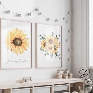 Set of 2 Sunflower Wall art prints, Printable wall art, Botanical wall art, You are my sunshine, Floral nursery wall art, Nursery decor