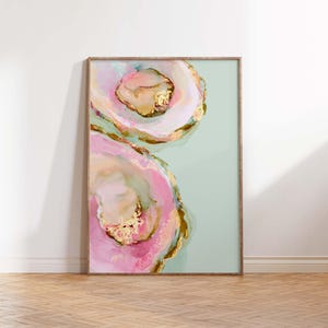 Stampa artistica da parete con conchiglia di ostrica rosa, stampa digitale astratta di conchiglia costiera, decorazione da spiaggia costiera, stampa da parete pastello con motivo casa sulla spiaggia, poster estivo
