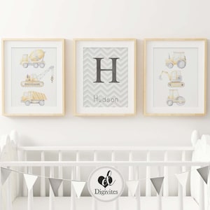 Baby, Boy nursery decor.  Construction Vehicle prints. Construction Wall art, Boys bedroom wall decor, Personalised Name print, custom