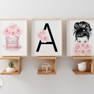DIGITAL Fashion Wall art, Girls bedroom decor, Perfume bottle print, Blush pink decor, Personalised gift girls, Floral Wall art, Teen girl