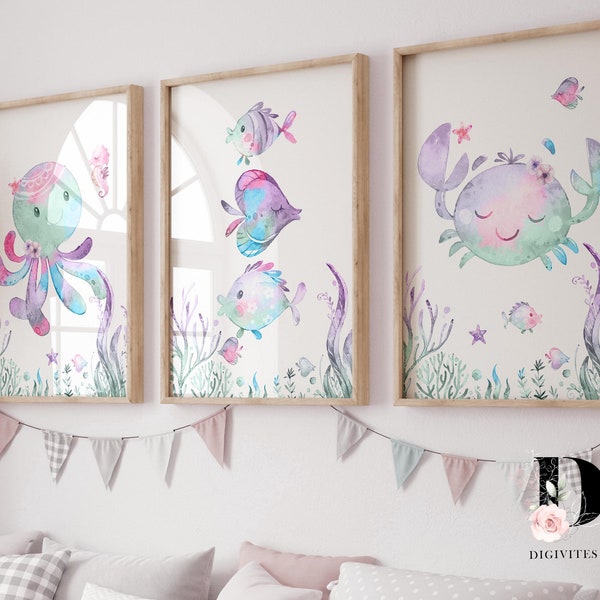 Under the sea Nursery prints, Nautical Ocean animal prints, sea animal wall art, playroom decor, Downloadable Nursery art, Girl nursery art