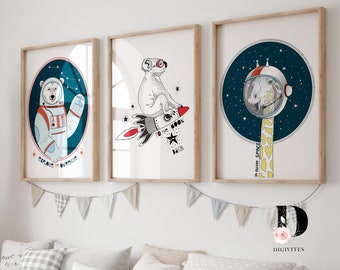 Nursery Wall Art, Nursery decor boys, Giraffe print, Bear print, outer space print, boys bedroom print, Koala print, Rocket ship art