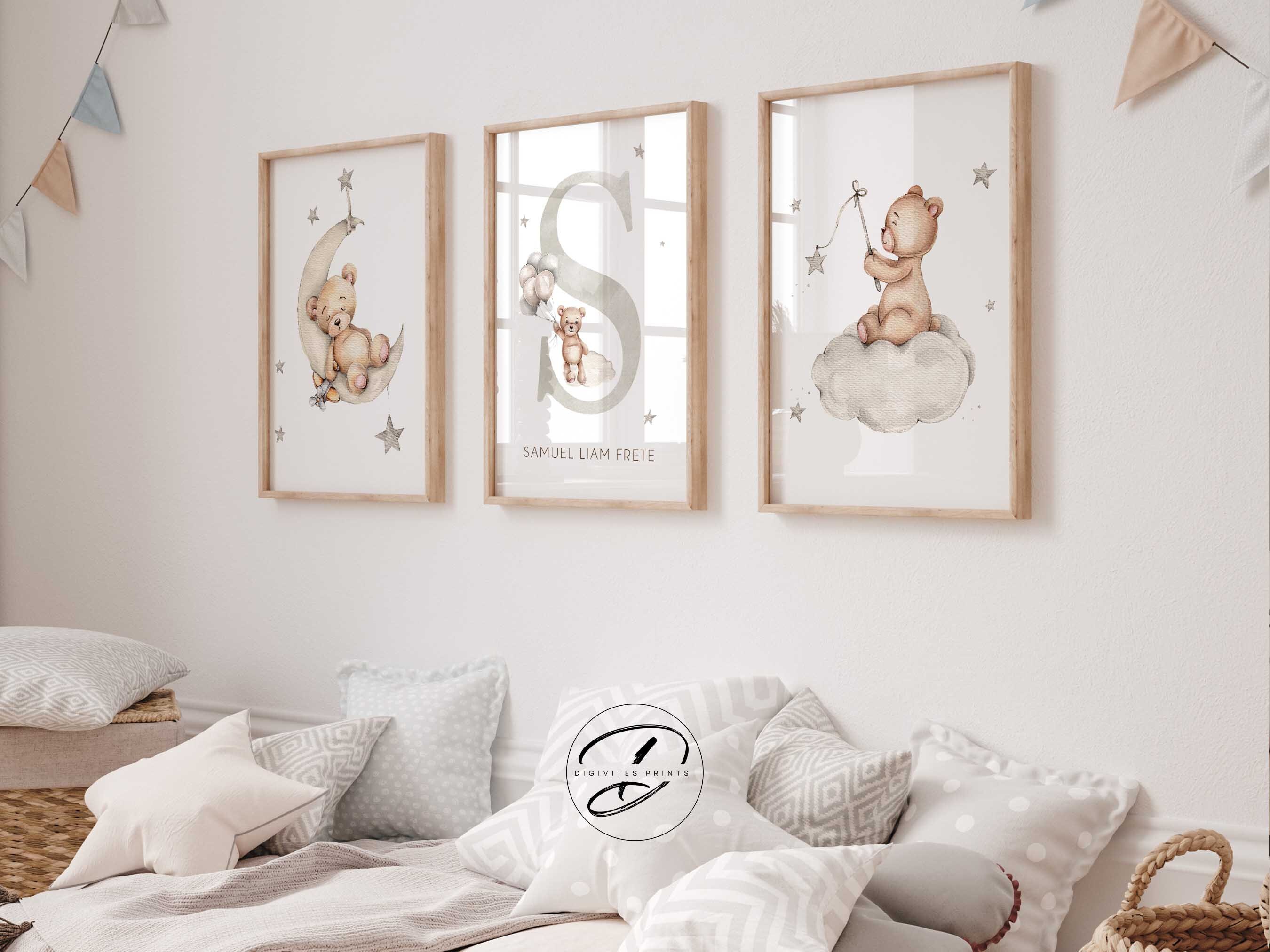 Set of 3 Personalised Teddy Bear Nursery Wall Art Prints, Neutral ...