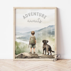 Mountain forest nursery art, nursery decor boy, Adventure theme nursery, Woodland Prints, Woodland Nursery decor, forest nursery, Dog print