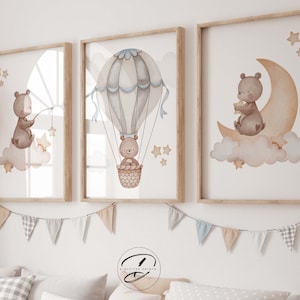 Digital Teddy Bear Nursery prints, Neutral Nursery wall art, teddy bear nursery decor, Set of 3 prints, Hot air balloon, moon stars clouds