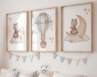 Teddy Bear Nursery Prints, Moon, Stars, Hot Air Balloon (Digital Download)