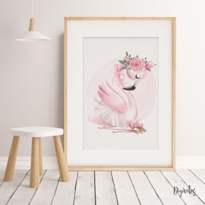 Baby Girl Nursery Bedroom Wall art featuring a Flamingo surrounded by Watercolour Roses. Girls bedroom Print, Pink Flamingo Art