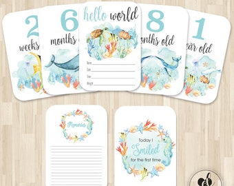 Baby Milestone Cards | Milestone and Moments Cards | Photo Props | 40 Milestone cards | Baby Shower Gift | New baby gift | Marine Animals