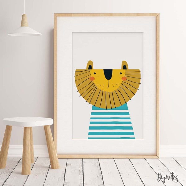 Printed Nursery Decor Wall Art, Boy Nursery Print, Boy Bedroom Wall Art, Scandinavian, Cute Lion wearing teal overalls, Kitten Print