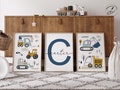 Set of 3 Construction vehicle prints in blue & yellow, Kids room wall art, Construction truck, personalised name print, boys room art prints