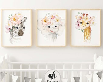 Nursery Wall Art, set of 3 prints. Safari animal Prints. Girl Nursery decor, Giraffe, Elephant, Zebra Wall art prints, Girl bedroom, floral