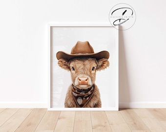 Highland Cow Cowboy Nursery Print, Rustic Farmhouse Wall Art