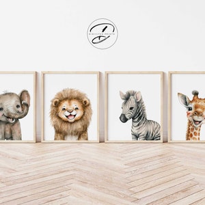 Playful Safari Nursery prints, Safari nursery decor, Set of 4 Safari nursery animals, jungle nursery wall art, playroom posters, baby room
