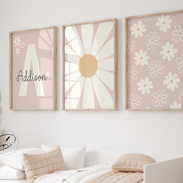 Daisy Wall art, Girls retro print, baby girl nursery, blush pink Nursery art, Girls room decor, Personalised name art, Preppy wall art