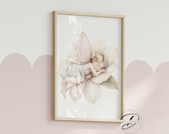 Impresión floral de hadas, decoración infantil, arte de pared para habitación de niña (descarga digital)