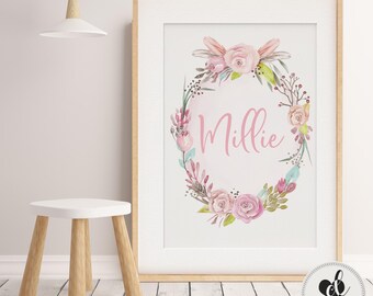 Baby, Girl nursery decor. Watercolour floral Nursery wall art Print. Little Girls bedroom print, Name Art print, Personalised, Floral wreath