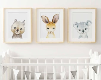 Baby, Girl, boy nursery decor.  Australian Animal Wall Art, Koala Print, Kangaroo Print, Wombat print, Nursery Set of three prints