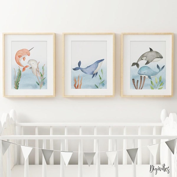 Baby, Girl, boy nursery Prints.  Marine Animal Wall Art, Ocean life, Whale, Dolphin, Sea life, Unisex Wall Art, Nursery wall art Set of 3