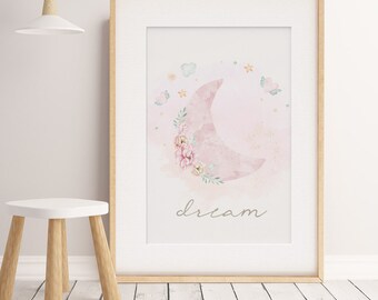 Girls Nursery Unicorn Print. Crescent moon surrounded by flowers. Floral Whimsical Nursery decor. Unicorn Wall Art. Watercolour Unicorn