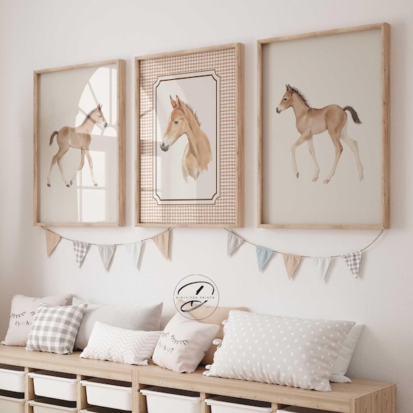 Vintage Horse Nursery print set of 3, Baby Horse nursery decor, Farm Animal Wall decor, Playroom art, Rustic farm decor, Digital Foal prints