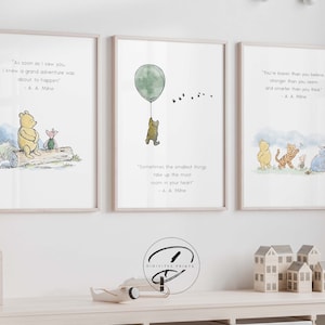 Classic Winnie the Pooh set of 3 quotes. Gender Neutral Nursery prints, Winnie-the-Pooh and friends inspirational quotes, Sage Green nursery