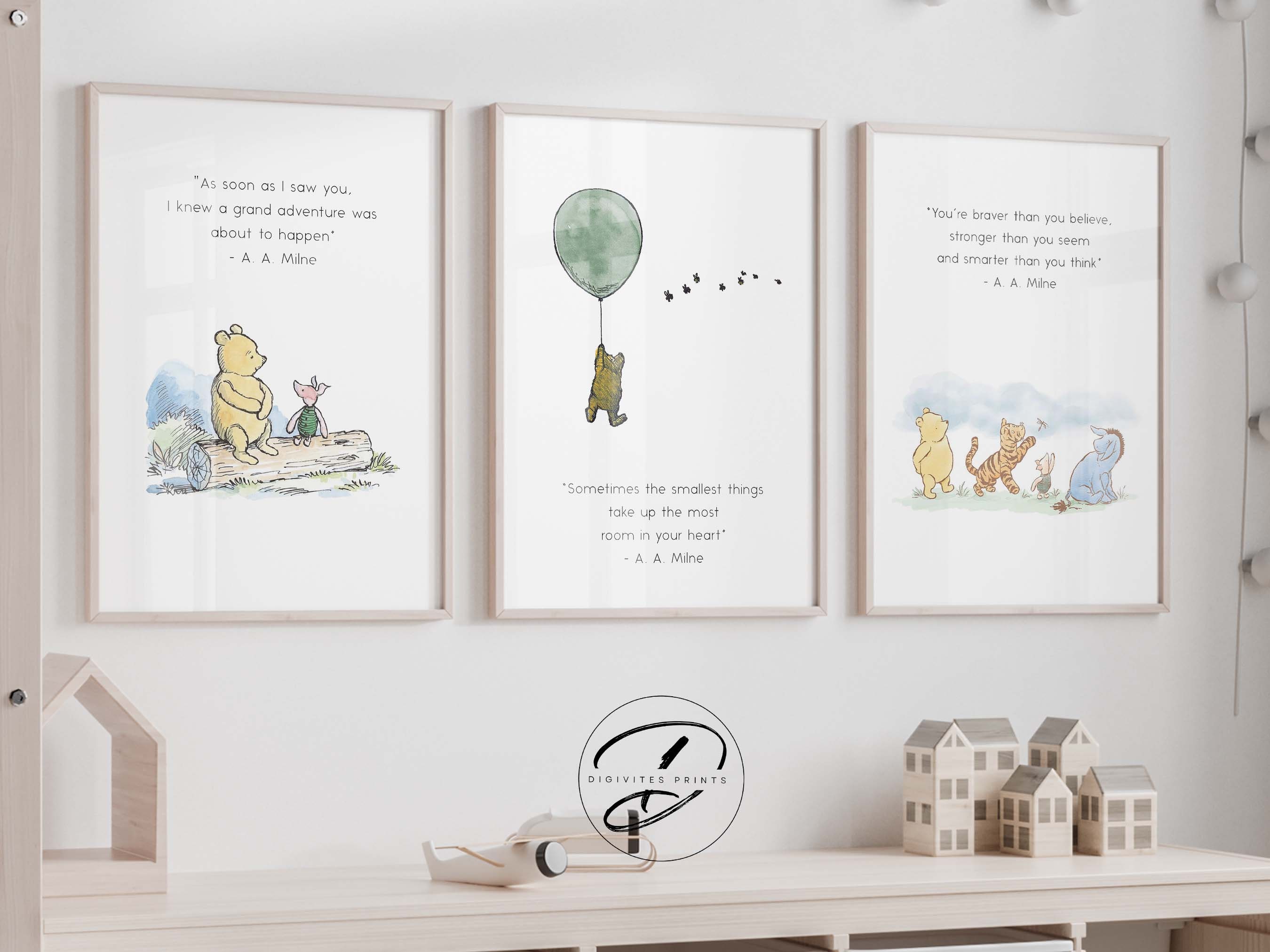 Classic Winnie the Pooh set of 3 quotes. Gender Neutral Nursery prints, Winnie-the-Pooh and friends inspirational quotes, Sage Green nursery