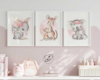 Australian Animal Nursery Print Set, Pink Floral Watercolor, Baby Girl Decor