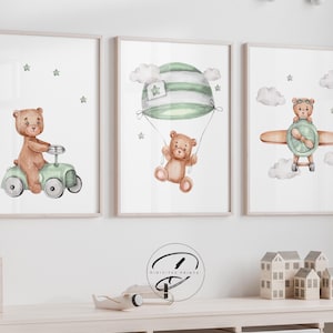 Boys nursery wall art prints, Playroom prints, Nursery printable, Woodland nursery bears, Teddy bear prints, bear baby shower, Sage green