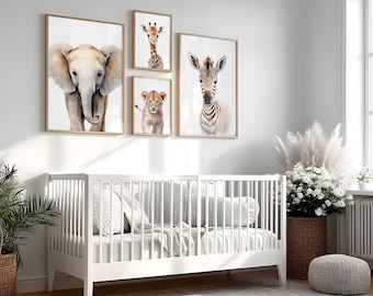 Safari Animal Nursery Prints, Elephant, Lion, Zebra, Giraffe, Set of 4