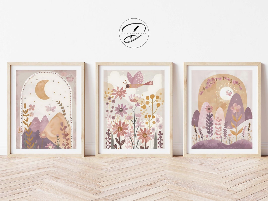 Digital Boho Rainbow Set of 3 Nursery Prints, Girl Nursery Wall Art ...