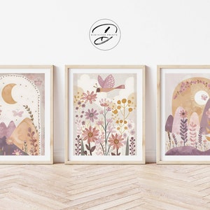 Juego de 3 impresiones digitales de arcoíris bohemio para guardería, arte de pared para guardería de niña, impresión de flores, luna y sol, decoración bohemia para guardería, decoración floral para pared de guardería.