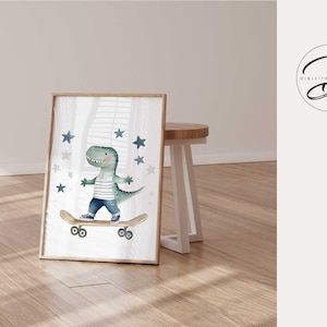 Dinosaur on Skateboard Prints, Dinosaur theme prints, Toddler room decor, Printable wall art, Sport wall decor, Playful Animal Nursery Print