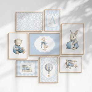 Boy Vintage Nursery art set of 8, Transportation Nursery wall art, Train Plane Hot Air balloon Teddy Bunny Nursery decor, Printable wall art