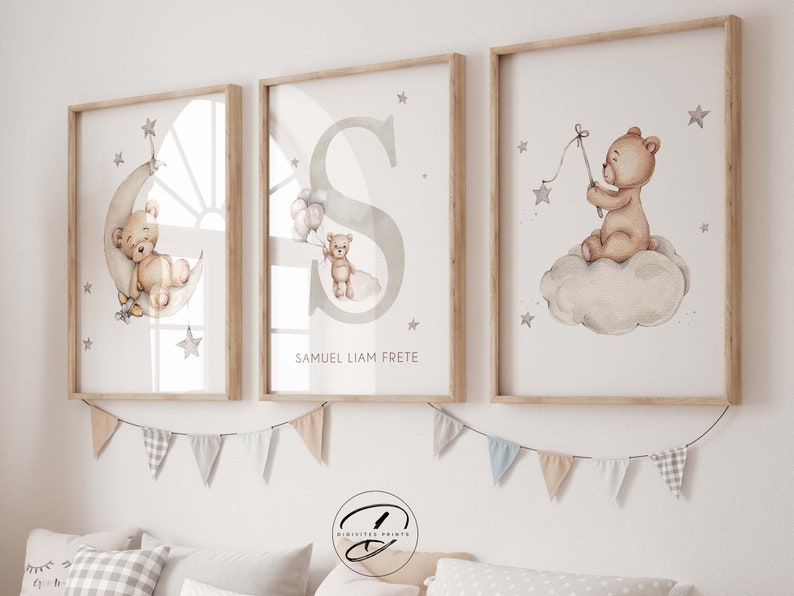 Set of 3 Personalised Teddy Bear Nursery Wall Art Prints, Neutral ...