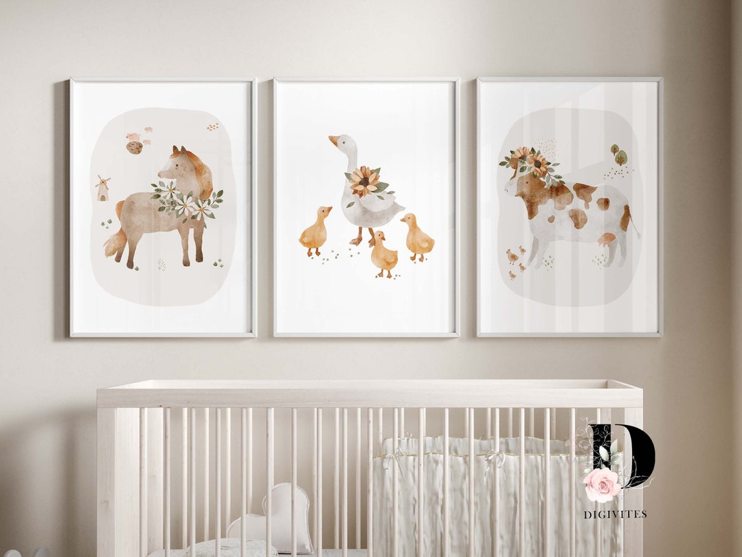 Set of 3 Farm Animal Nursery Wall Art Prints, Farm Nursery Decor, Baby ...