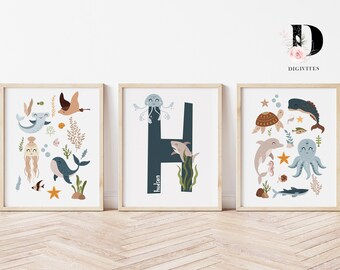 Ocean Animal Nursery Prints, Personalized Initial Art (Digital Download)