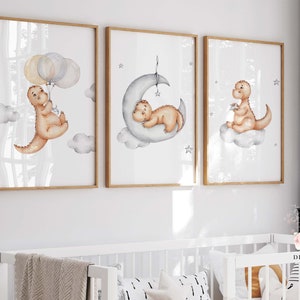 3er Set personalisierte Dinosaurier Prints, Dinosaurier Druck, Dinosaurier Schlafzimmer Dekor, Spielzimmer Drucke, Kinderzimmer Dekor Jungen, Beige Kinderzimmer, Kinder Kunst