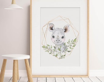 Baby, Boy, Girl nursery decor.  Rhino Nursery Print, Botanical Nursery Print, Gold Frame print, Nature Wall Art, Gender Neutral Nursery