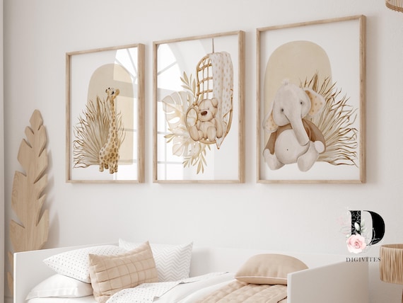 Wandbild Kinderzimmer Mädchen - Hasen Wolken Leinwand Babyzimmer Deko Beige