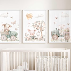 Láminas de arte de pared para guardería de granja DIGITAL, decoración de guardería para niñas, temática de guardería de granja, decoración de sala de juegos, habitación de niños pequeños, juego de 3 pósteres imprimibles de granja