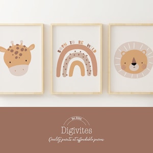 Safari Boho Nursery prints, Set of 3 Gender neutral Nursery wall art, Neutral bedroom decor, Rainbow Born to be wild print, Giraffe, Lion