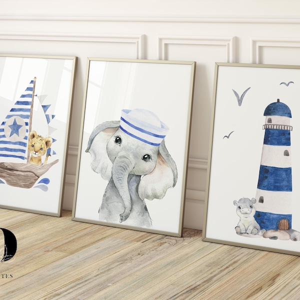 Printable Safari Animals Nursery wall art, Animal prints, Nautical bedroom prints, Nursery decor, Lighthouse print, Christening gift