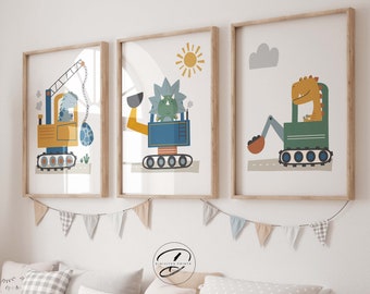 Set di 3 stampe di dinosauri, arte murale di costruzione, stampe per bambini a tema dinosauri, decorazioni per camerette per bambini piccoli, cameretta digitale
