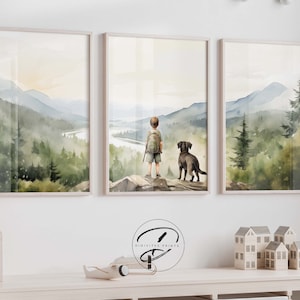 Baby Wald Wald Kinderzimmer Wandkunst, Druckbare Wandkunst, Natur Wandkunst, Kleinkind Zimmer Dekor, Junge und sein Hund Drucke, Kinderzimmer Dekor