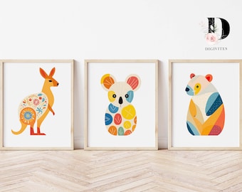 Australian Animals Nursery Prints, Koala, Kangaroo, Wombat Set