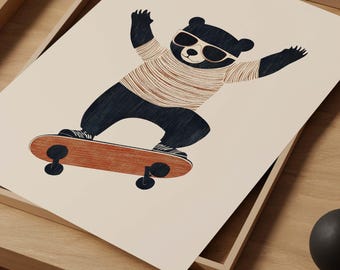 Bear on Skateboard Nursery Print, Modern Kids Room Art