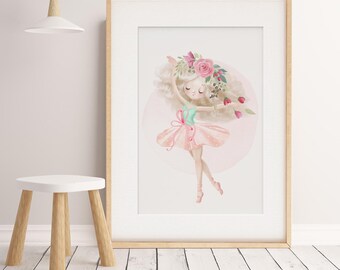 Baby Girl Nursery Bedroom Wall art featuring a gorgeous girl dancing ballet with her Tutu and flowers in her hair. Girls bedroom art