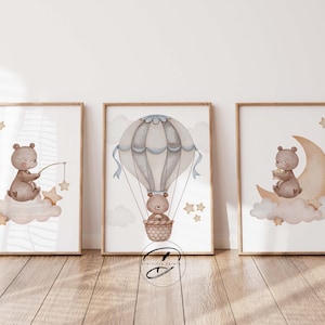 Digital Teddy Bear Nursery wall art prints set of 3 prints, Neutral Nursery decor, teddy bear nursery art, Hot air balloon moon stars clouds