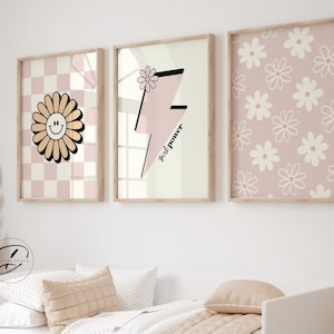 Lot de 3 oeuvres d'art murales marguerites, impression bohème pour filles, chambre de bébé fille, art de chambre d'enfant rose poudré, décoration de chambre de filles, affiche affirmation, art mural preppy